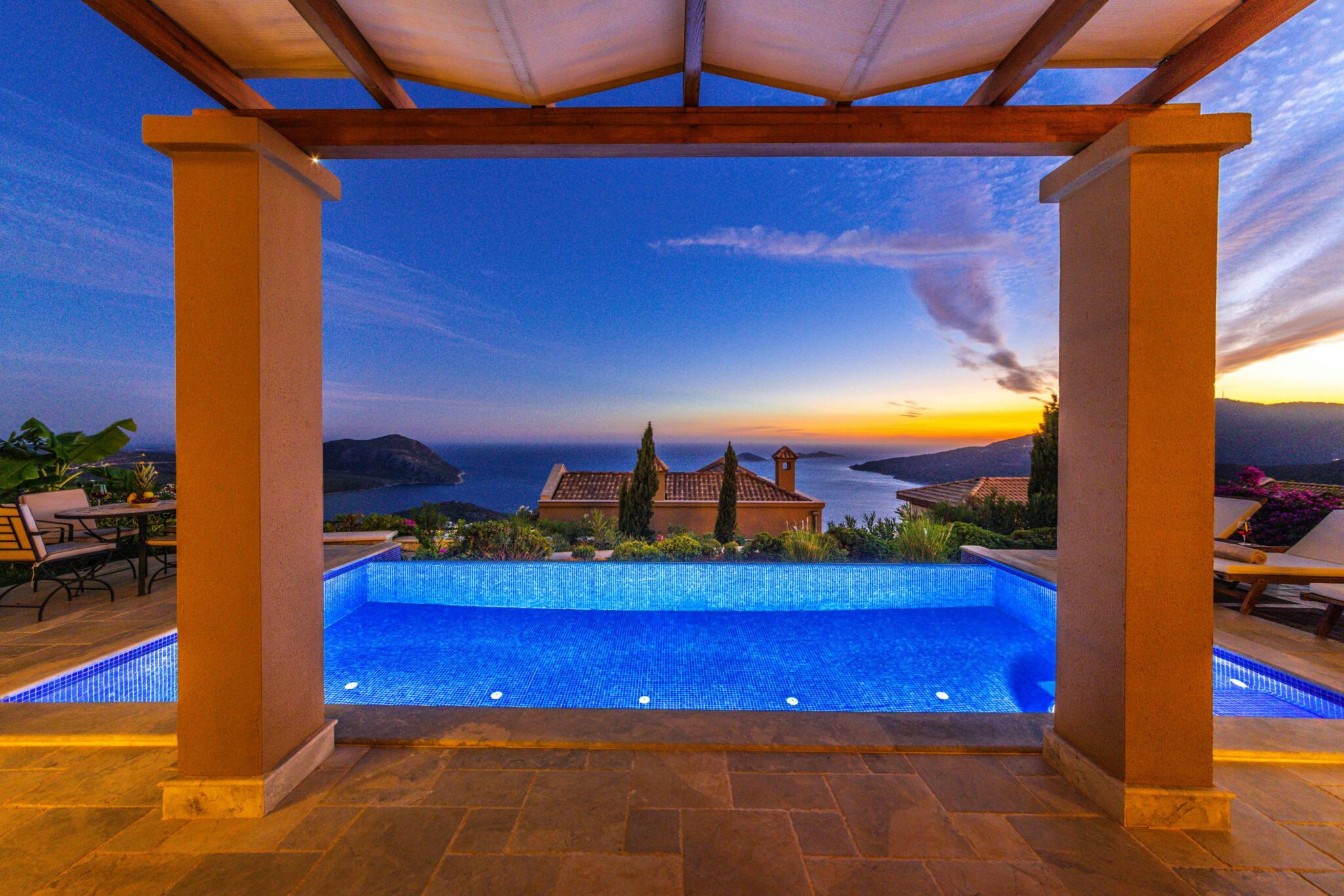 Ana Sayfa Stunning view of a luxury villa and infinity pool overlooking the sea at sunset.